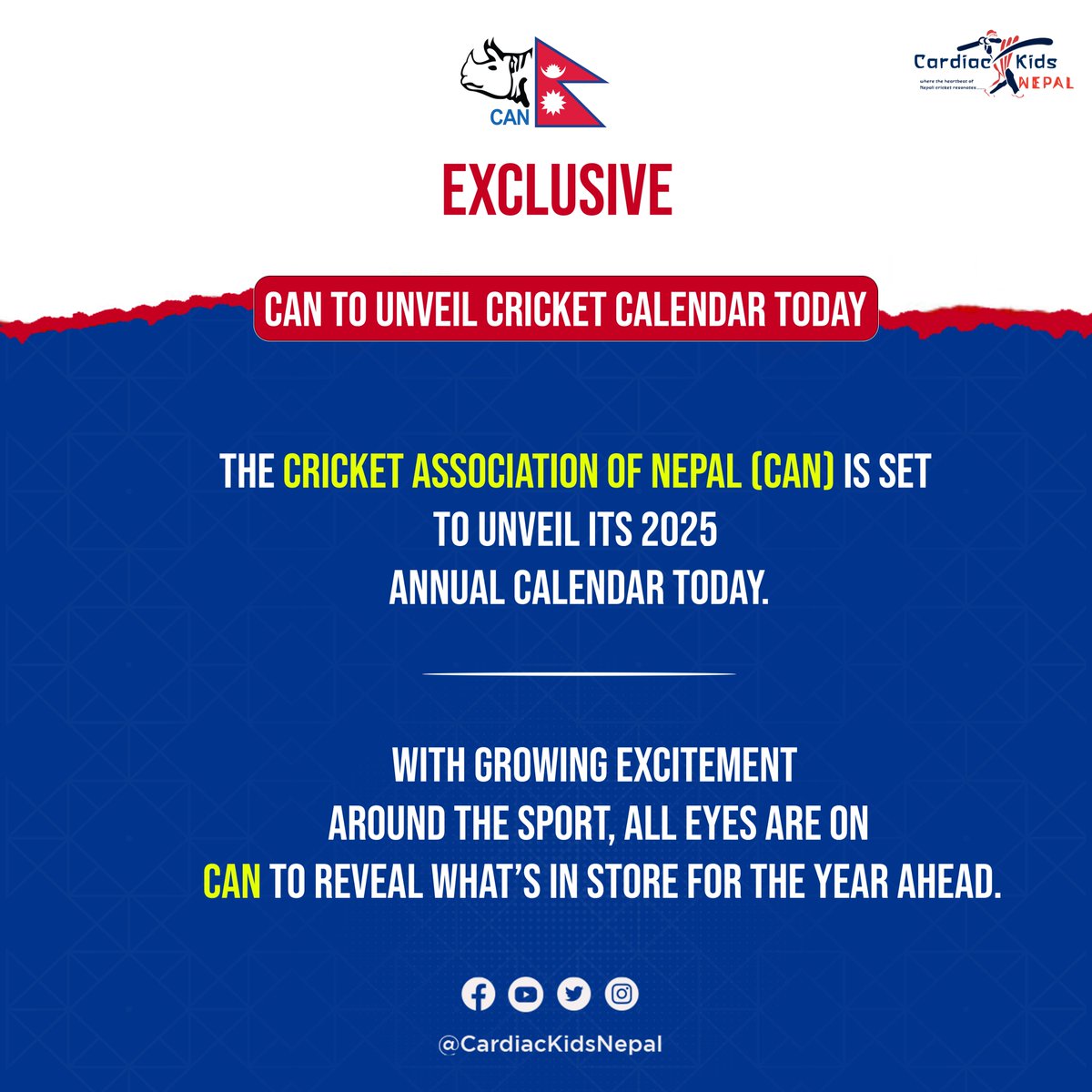 Cardiac Kids Nepal on X "π¨ππ‘π π°ππ’π π’π¬ π¨π―ππ«! ππ₯ The Cricket Association of Nepal (CAN) is set to unveil its muchawaited 2025 annual calendar today. Stay tuned for all the action! Cardiac Kids Nepal on X "π¨ππ‘π π°ππ’π π’π¬ π¨π―ππ«! ππ₯ The Cricket Association of Nepal (CAN) is set to unveil its muchawaited 2025 annual calendar today. Stay tuned for all the action!