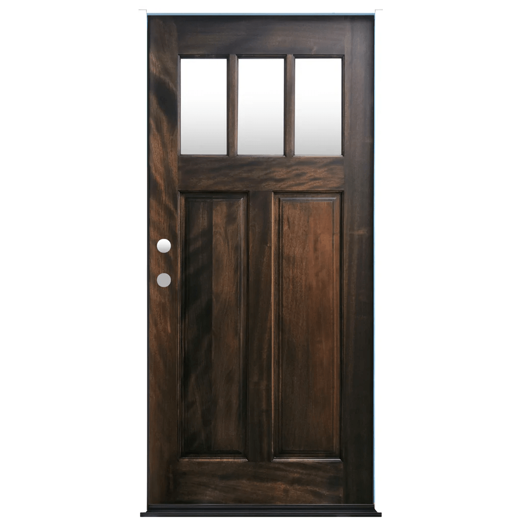 Craftsman Mahogany Stained Knotty Alder Exterior Door 3lite glass