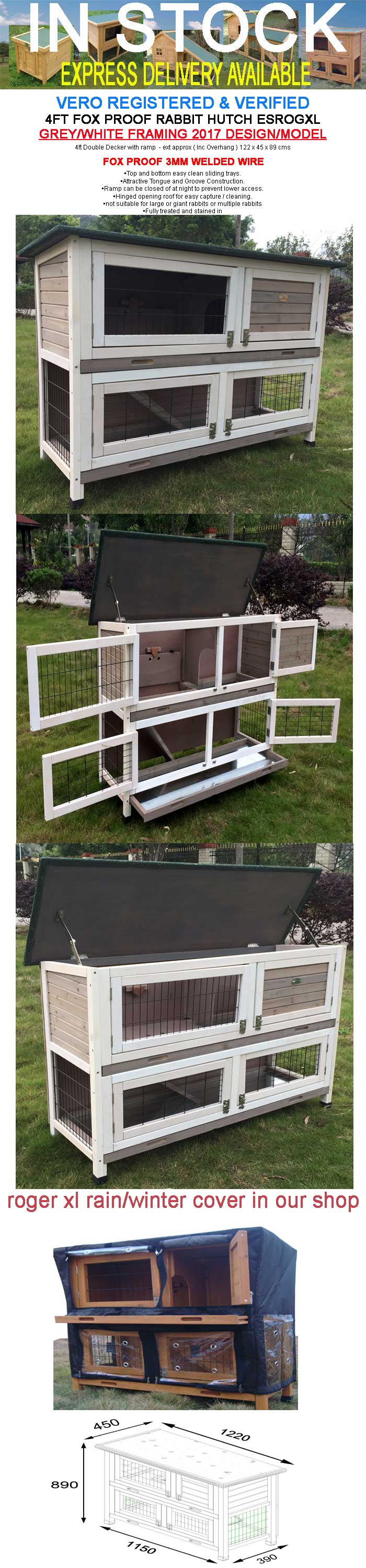 4FT RABBIT HUTCH GUINEA PIG HUTCHES RUN LARGE 2 TIER DOUBLE DECKER GREY