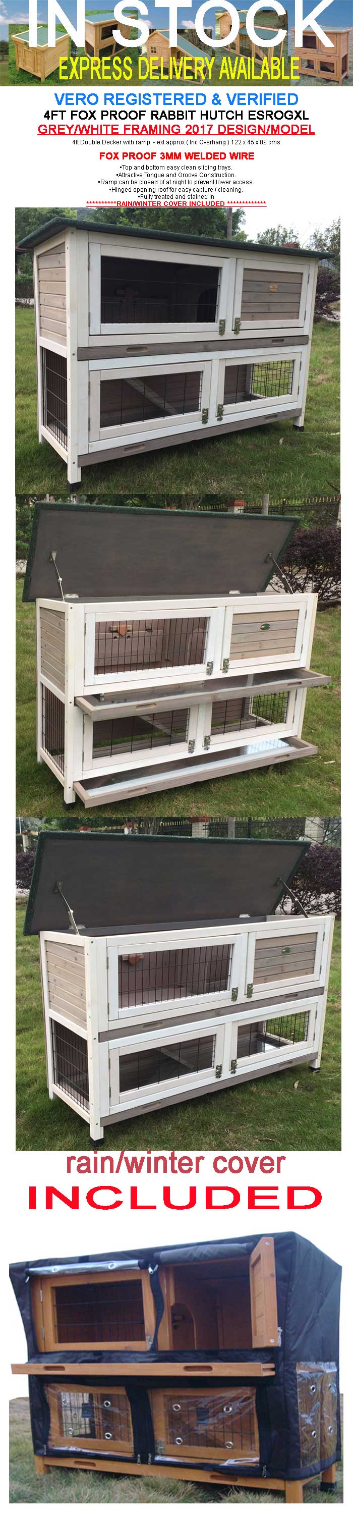 LARGE RABBIT HUTCH GUINEA PIG HUTCHES RUN 2 TIER DOUBLE DECKER GREY