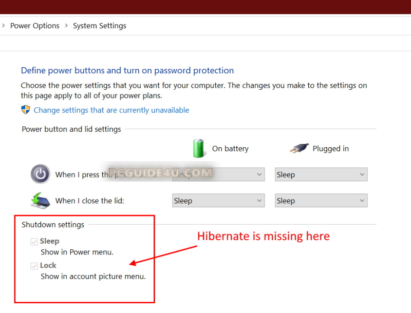 Hibernate Option Missing in Power Options of Shutdown Settings