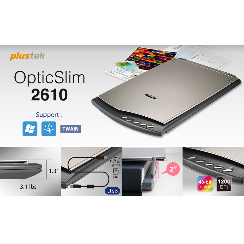 Plustek OpticSlim 2610 Plus Scanner Flatbed USB Powered Scanning PC