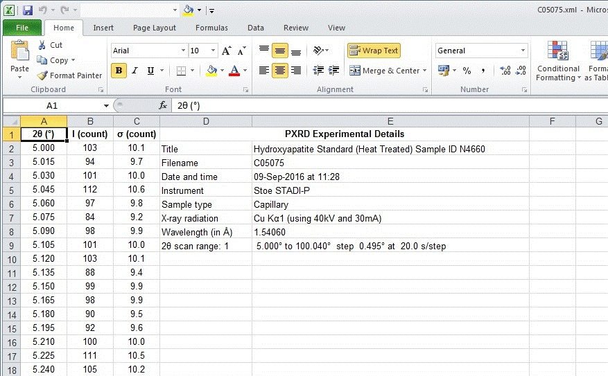Importing PXRD data into Excel