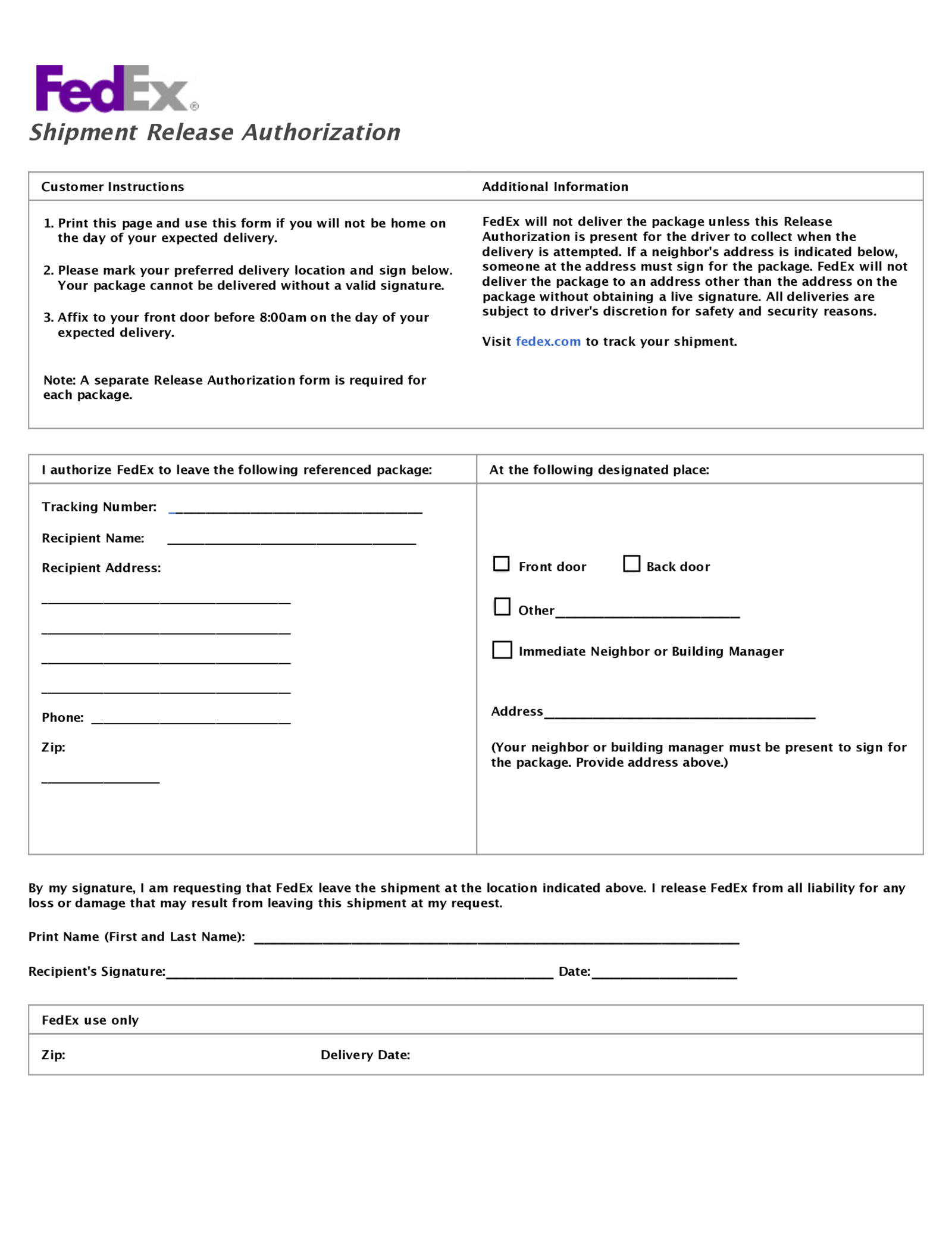 FedEx Shipment Release Authorization PDF blank — PDFliner