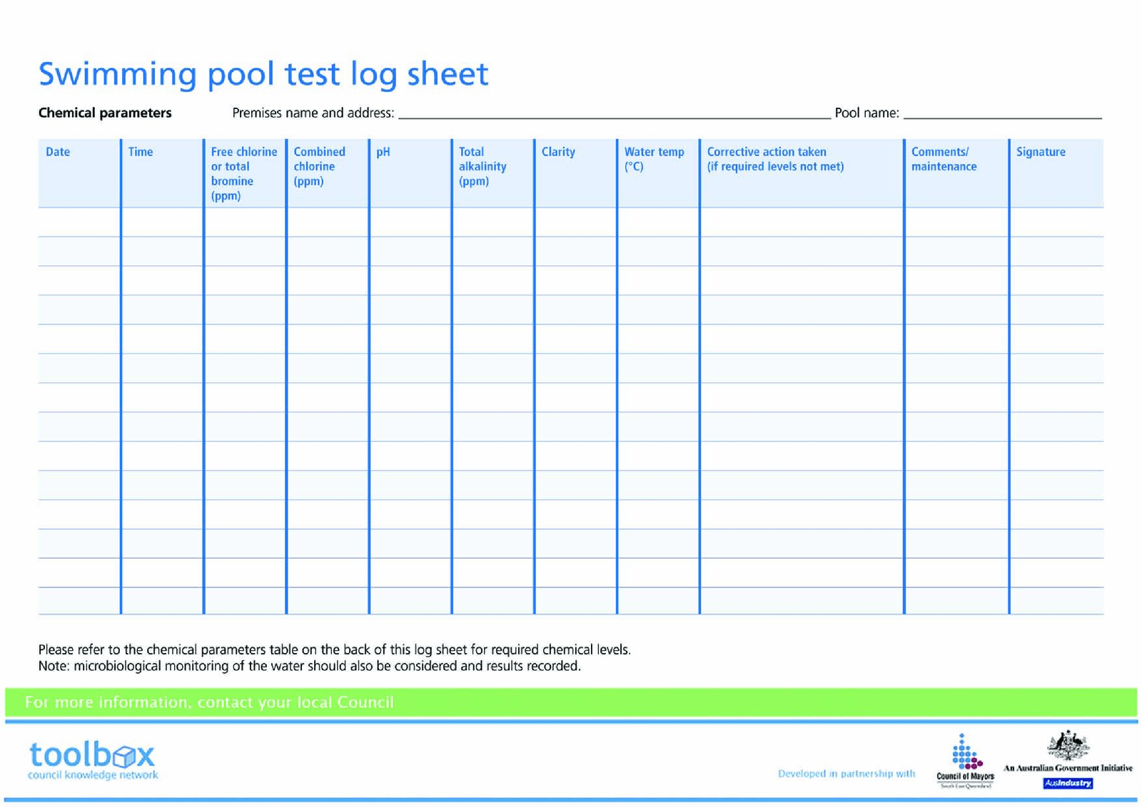 Commercial Swimming Pool Log Sheet Template - PDFliner