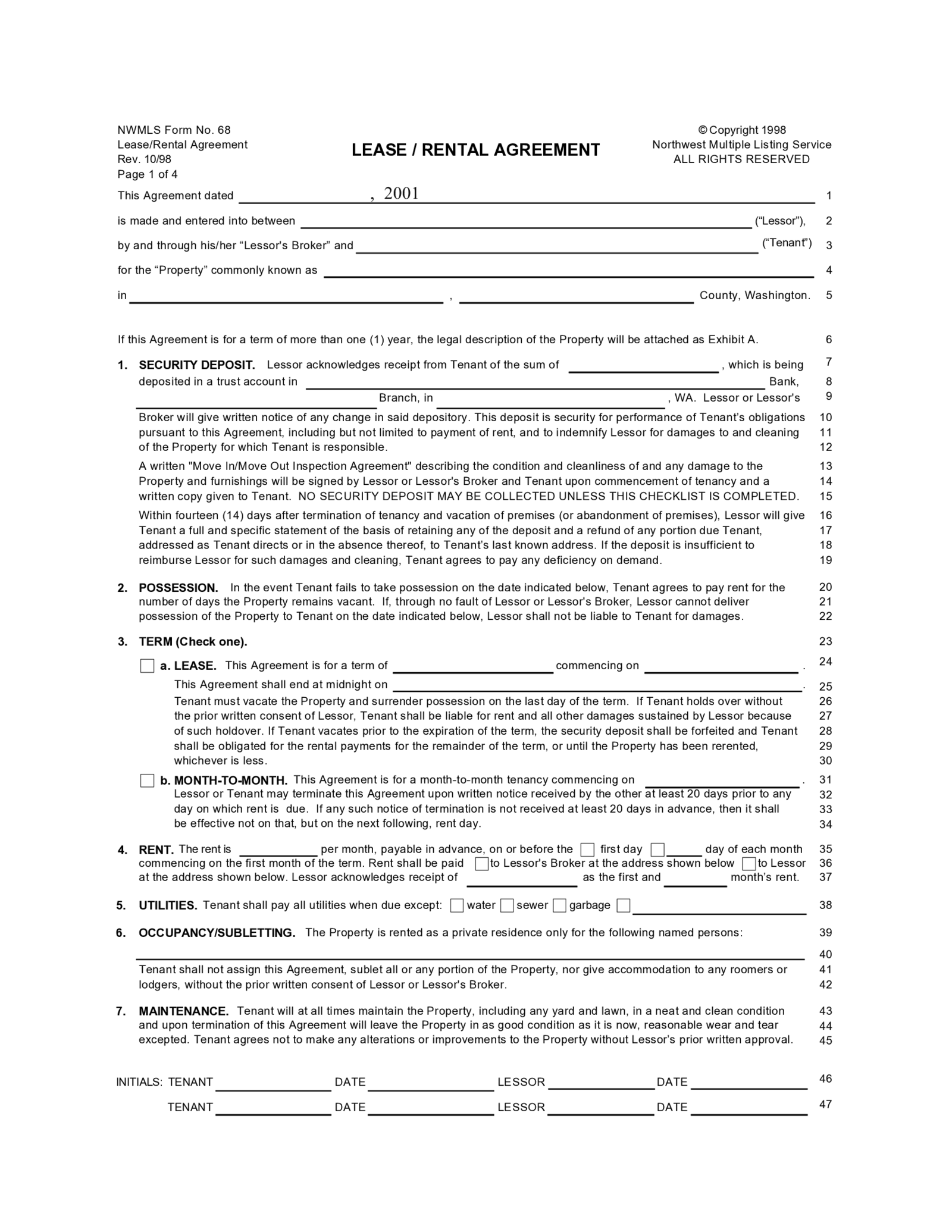 Lease Rental Agreement Form 68 | blank PDFliner