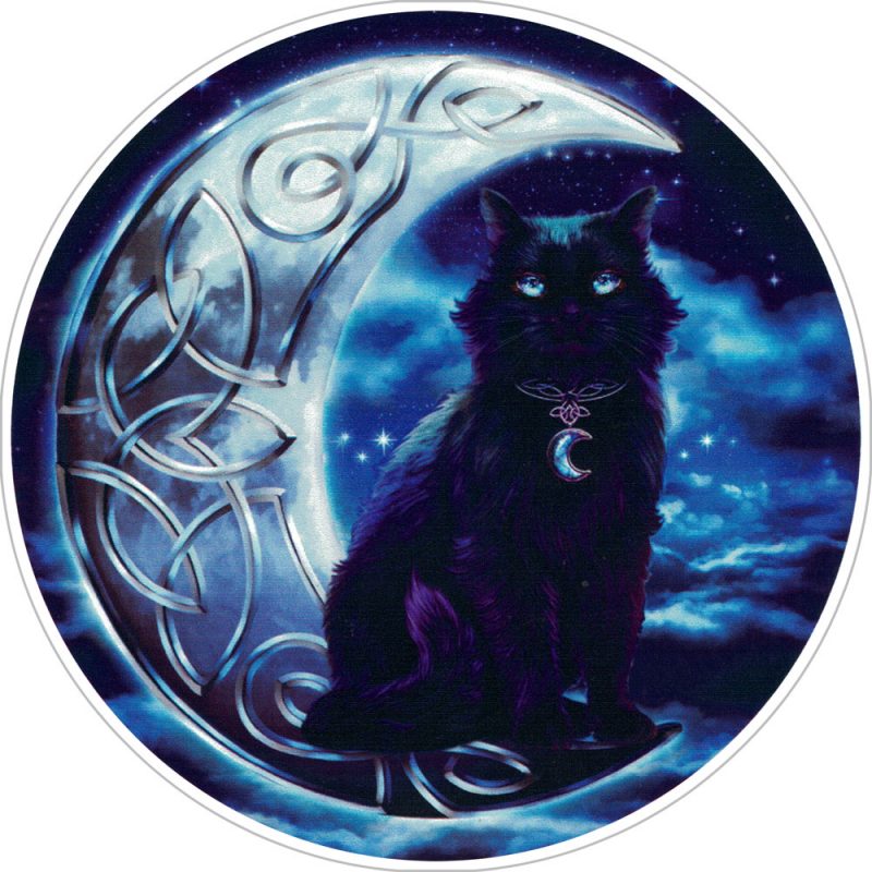 Black Cat sitting on a Crescent Moon Bumper Sticker / Decal Peace Resource Project