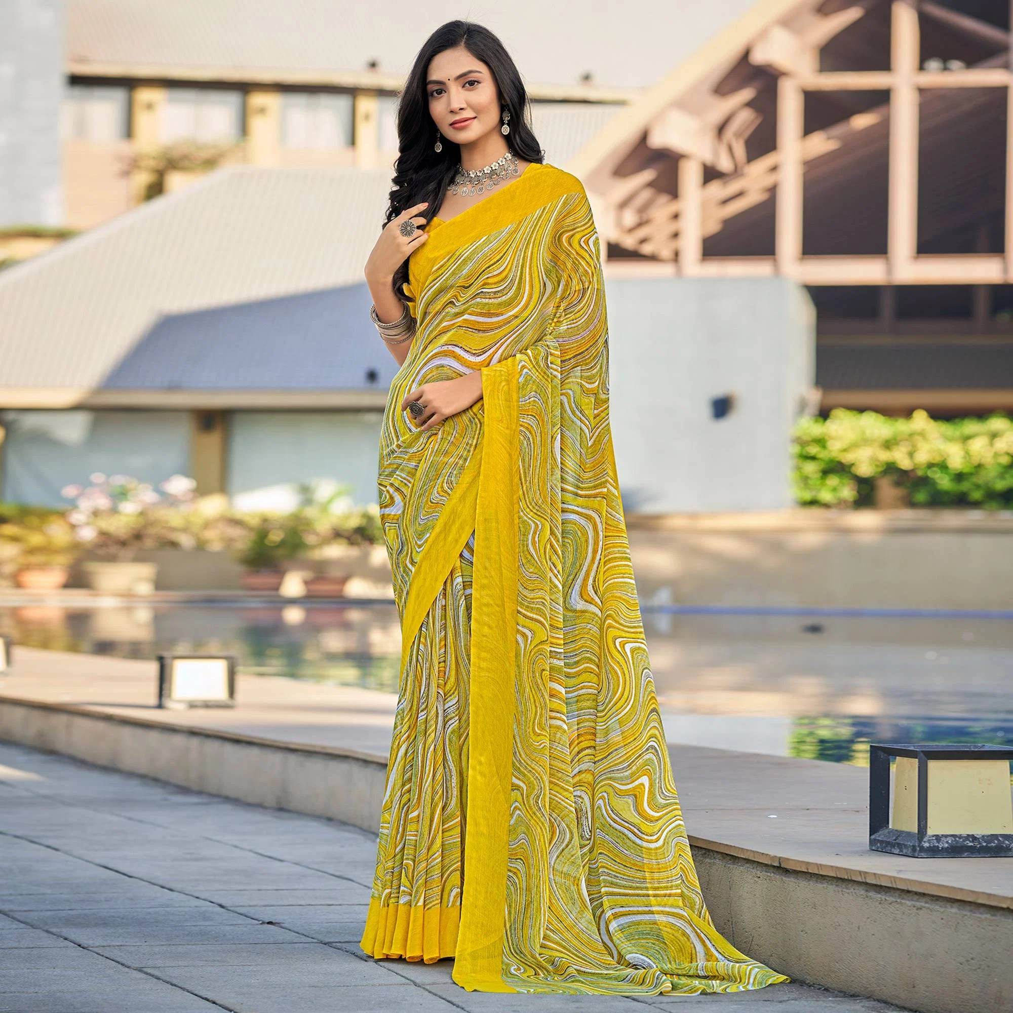 Lemon Yellow Printed Chiffon Saree