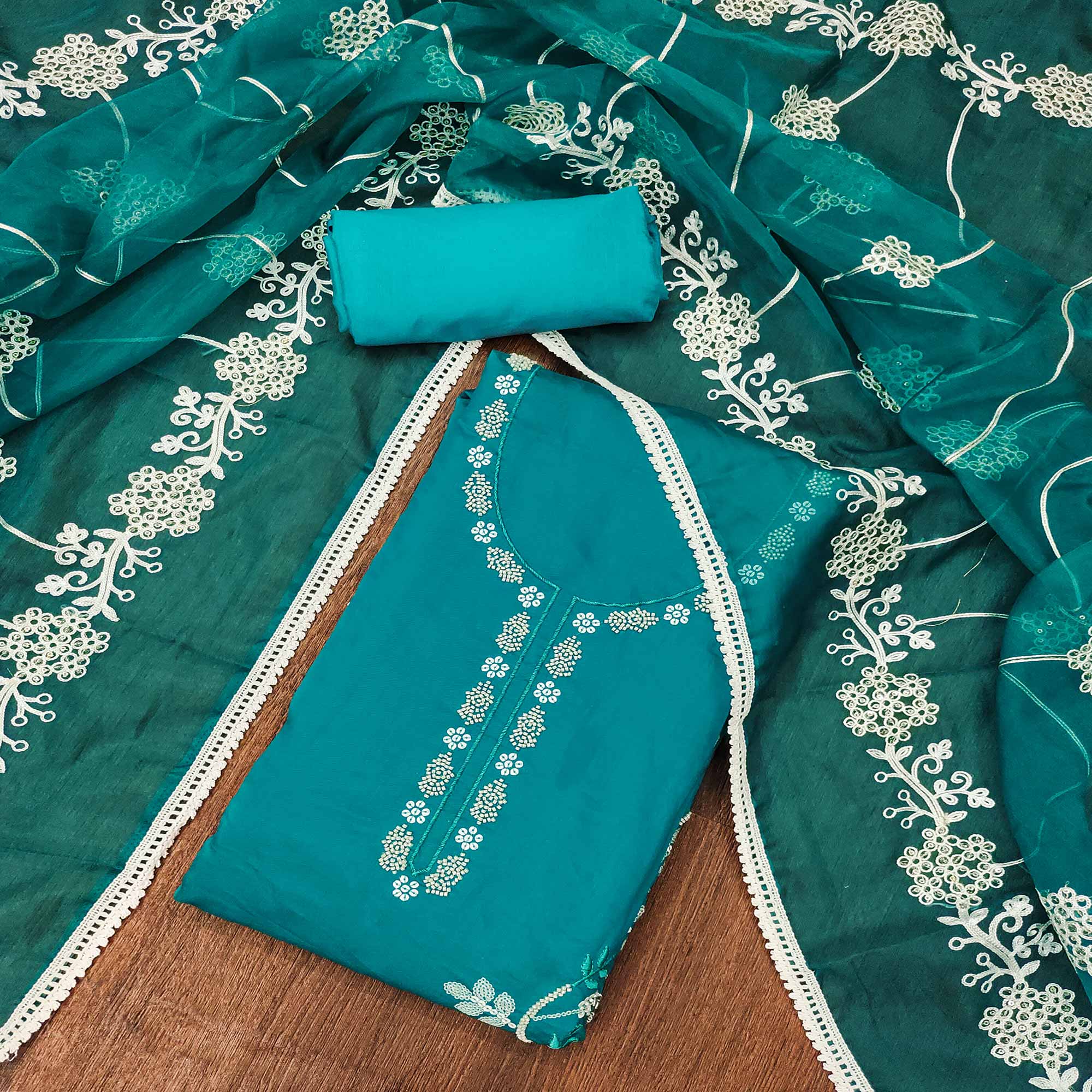 Rama Blue Floral Sequins Embroidery With Handwork Cotton Silk Dress Ma