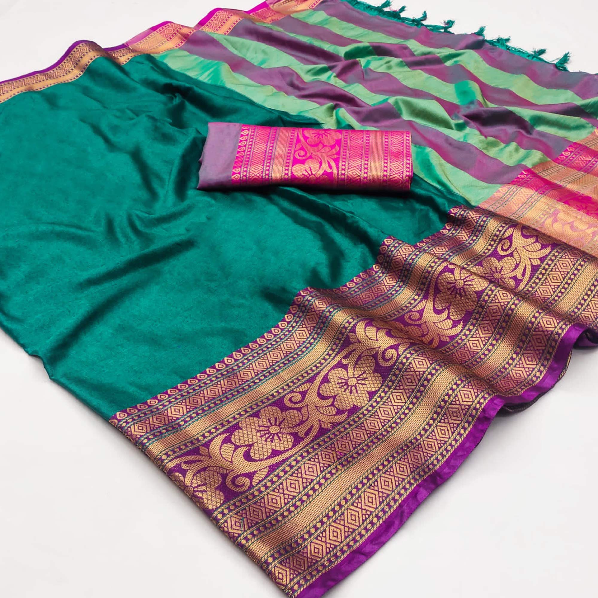 Rama Blue Floral Woven Cotton Silk Saree With Tassels