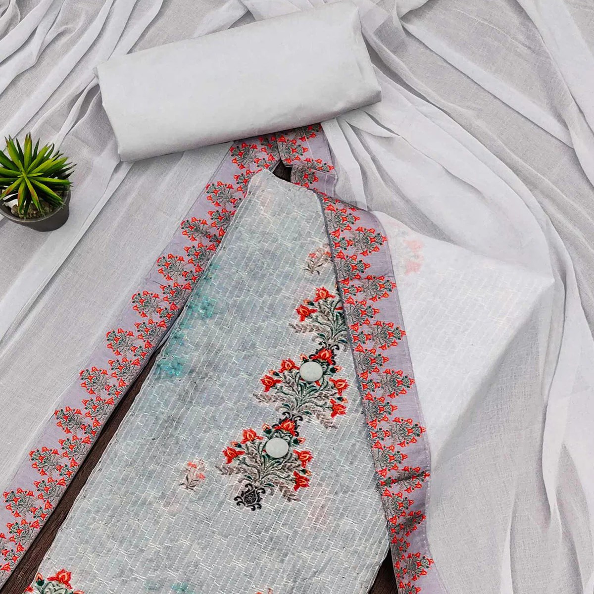 Grey Floral Printed Cotton Silk Dress Material