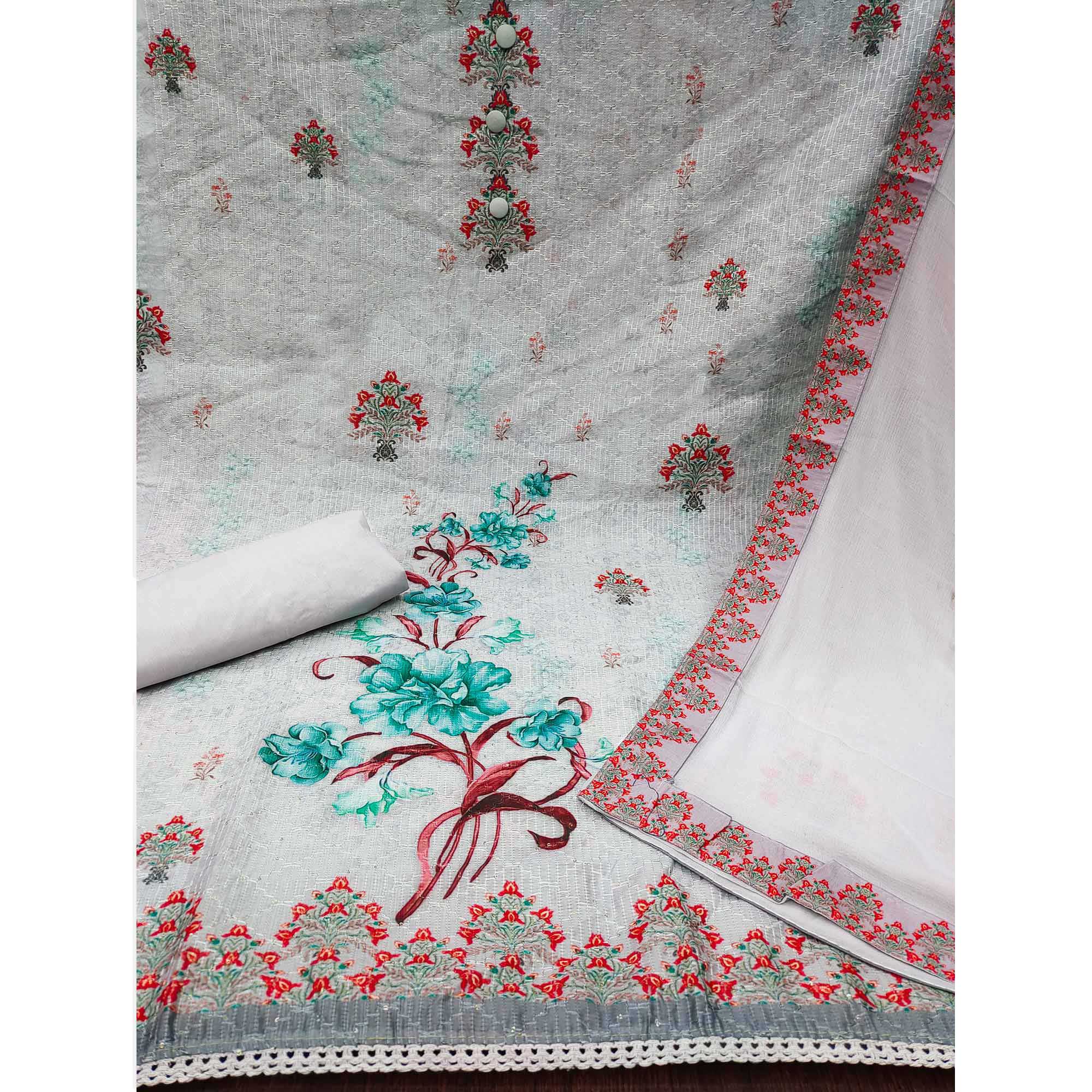 Grey Floral Printed Cotton Silk Dress Material