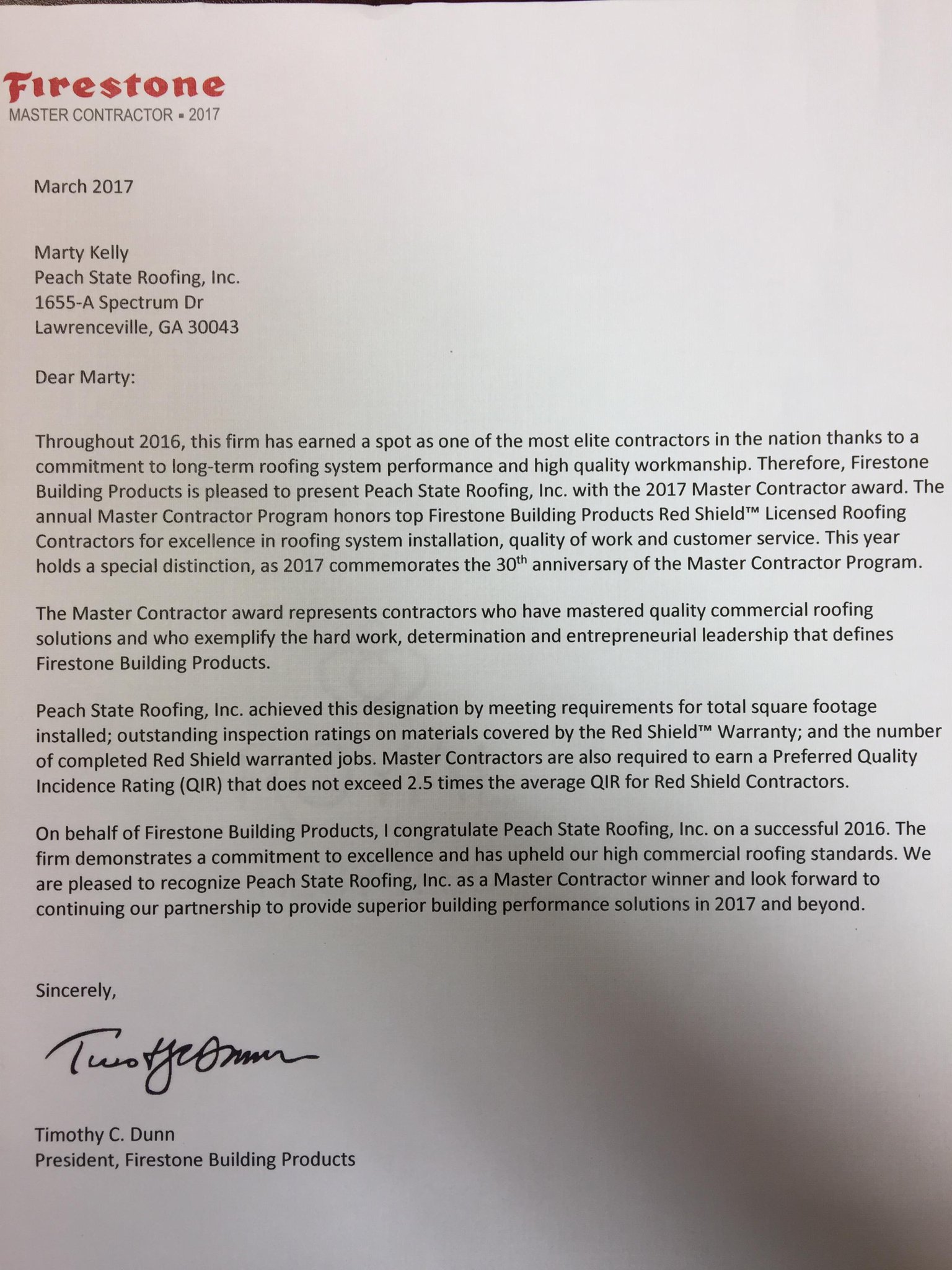 Firestone Master Contractor Award Letter 2017 Peach State Roofing Inc