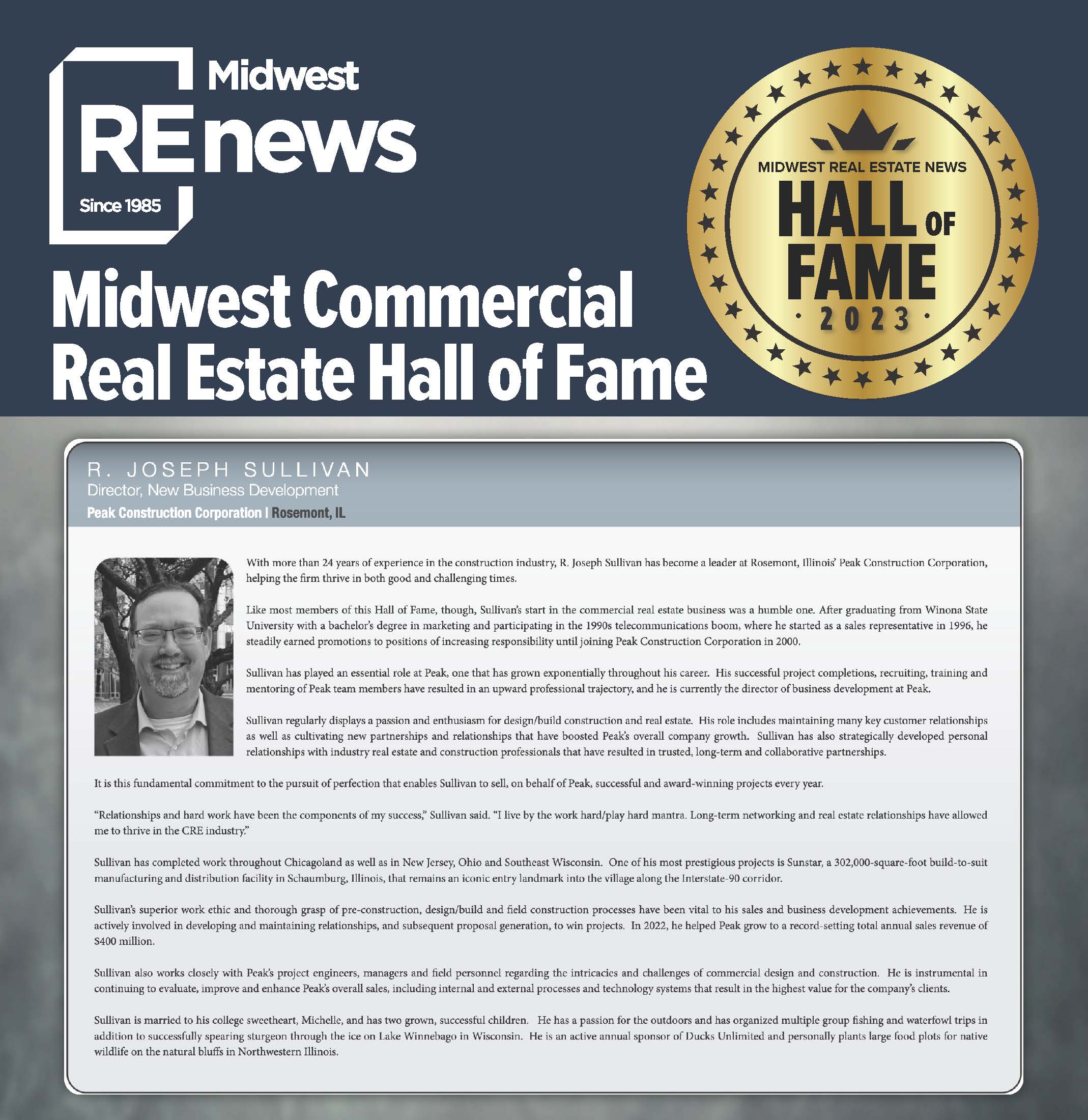 Peak Celebrates Joe Sullivan's Induction into the Midwest Real Estate News' 2023 Hall of Fame