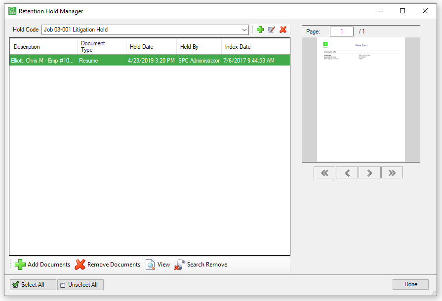 Administration > Documents > Retention Hold > Removing Retention Hold Codes