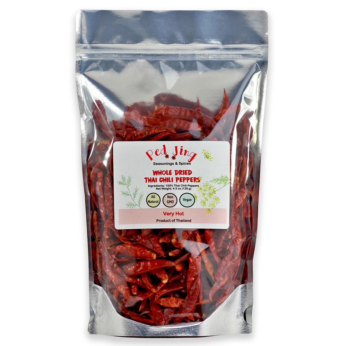 Value Pack Extra Hot Whole dried Thai Chili Peppers 4.5 oz / 128g Ped Jing Seasonings & Spices