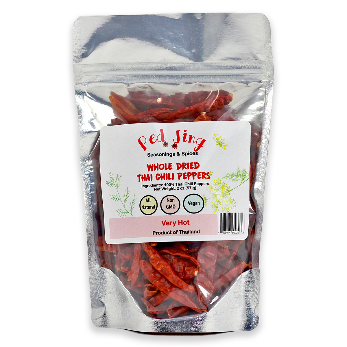Extra Hot Whole dried Thai Chili Peppers 2 oz / 57g Ped Jing Seasonings & Spices
