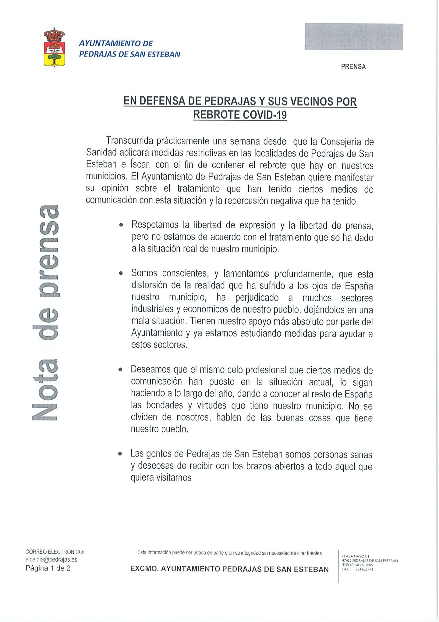 NOTA DE PRENSA Ayuntamiento de Pedrajas de San Esteban