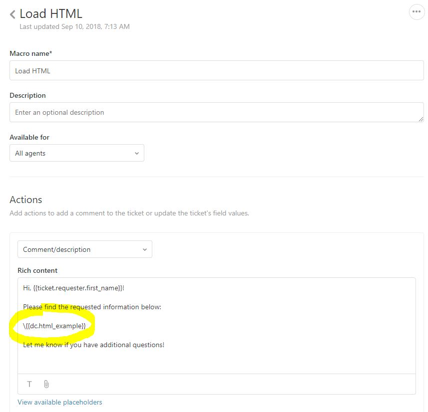 Zendesk add HTML to ticket comments with Dynamic Content