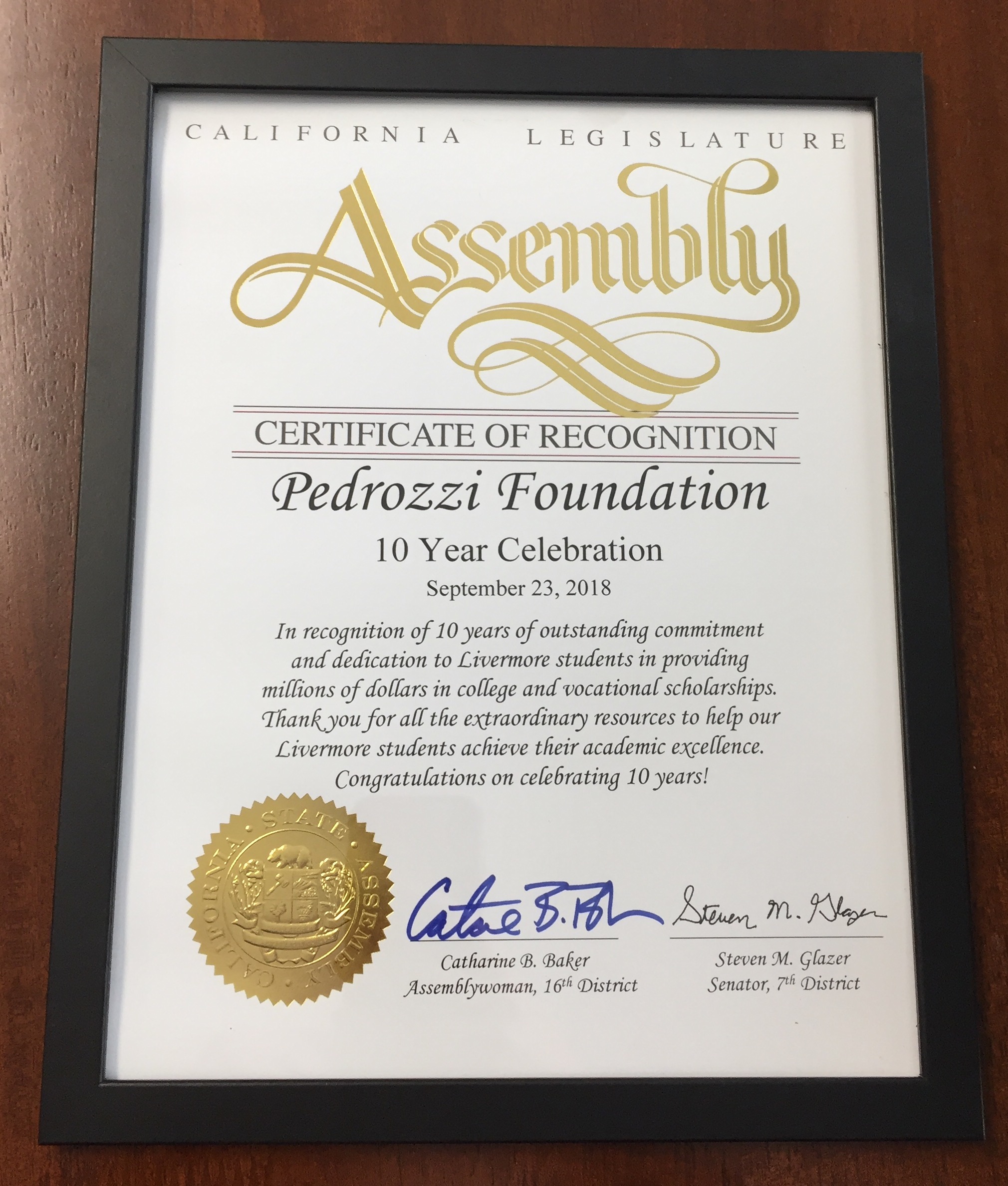 2018 California Legislature Assembly Certificate of Recognition Pedrozzi Foundation