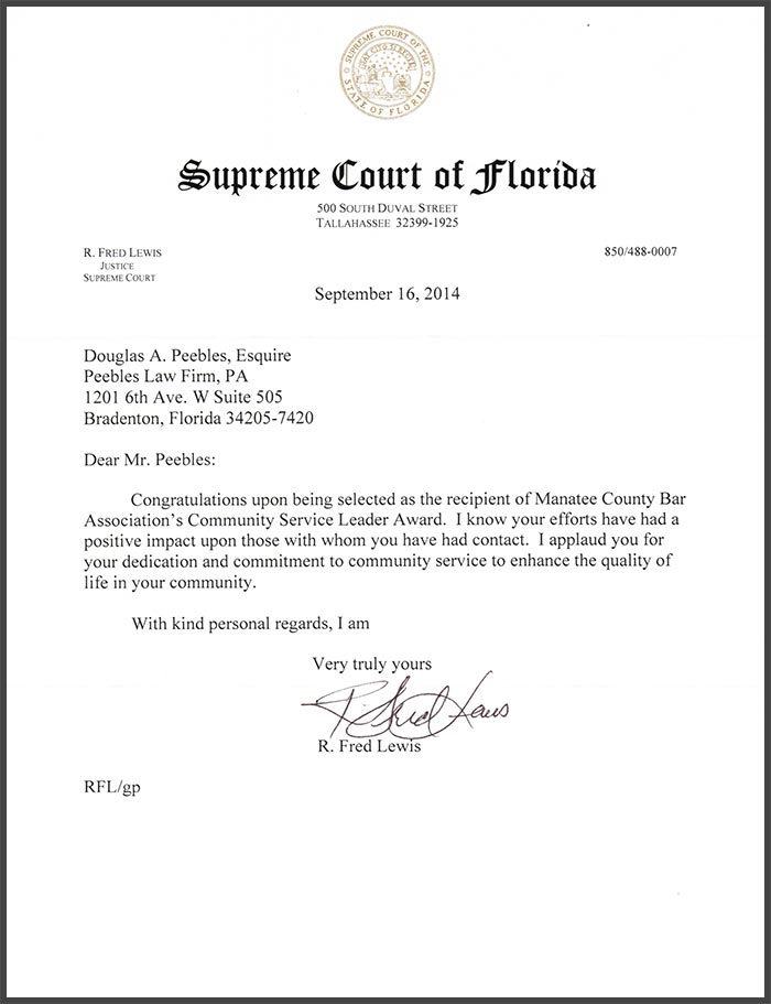 Florida Supreme Court recognizes Douglas A. Peebles, Esquire, for