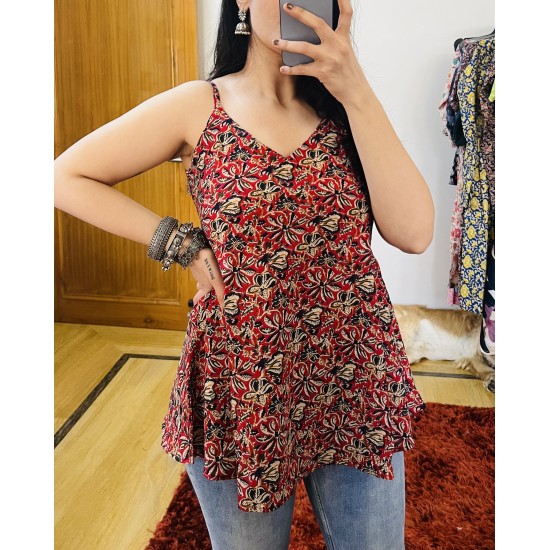 Red Printed Short Umbrella Kurti