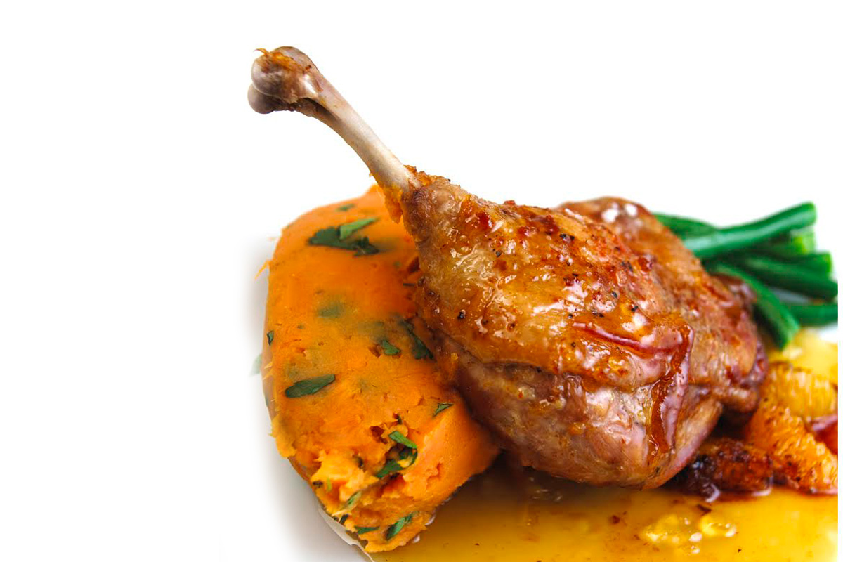 Honey Duck legs with Marmalade syrup and sweet potato mash Pelleh