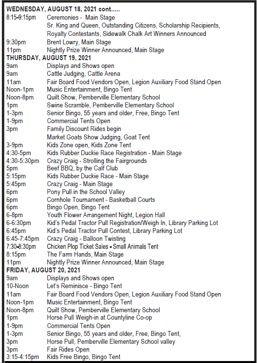 Pemberville Free Fair Daily Schedule