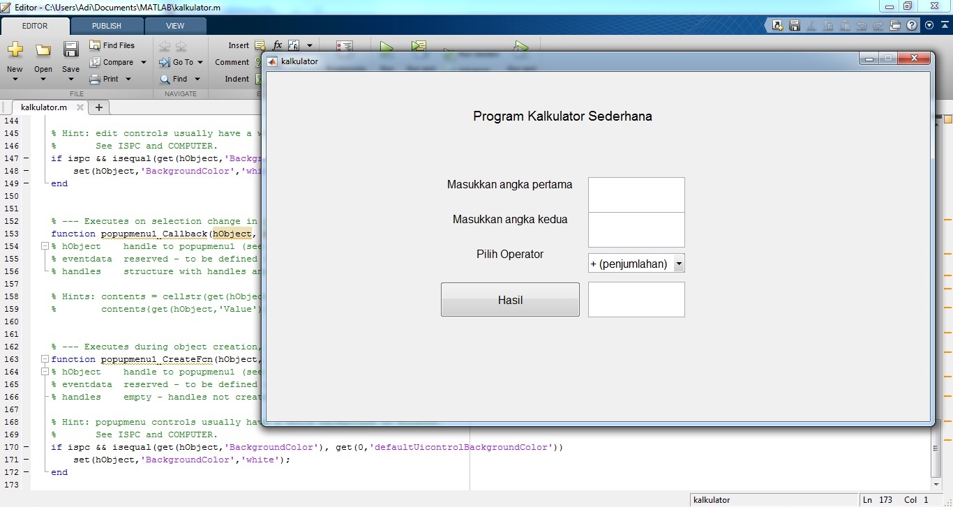 tampilan gui matlab kalkulator sederhana Pemrograman Matlab
