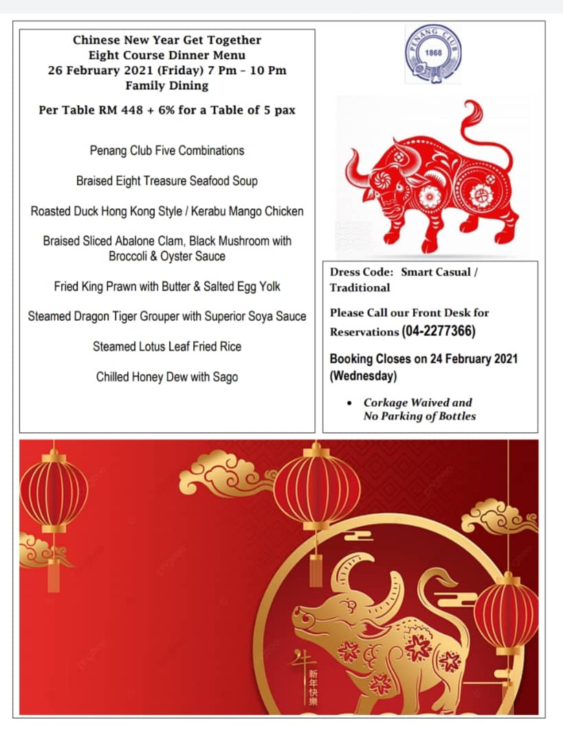 CHINESE NEW YEAR GET TOGETHER EIGHT COURSE DINNER MENU Penang Club
