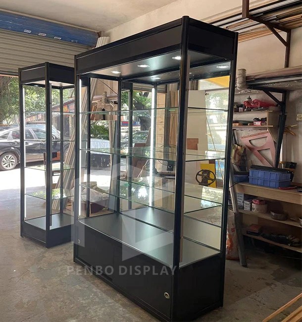 Customized glass display cases with shelves black glass showcase
