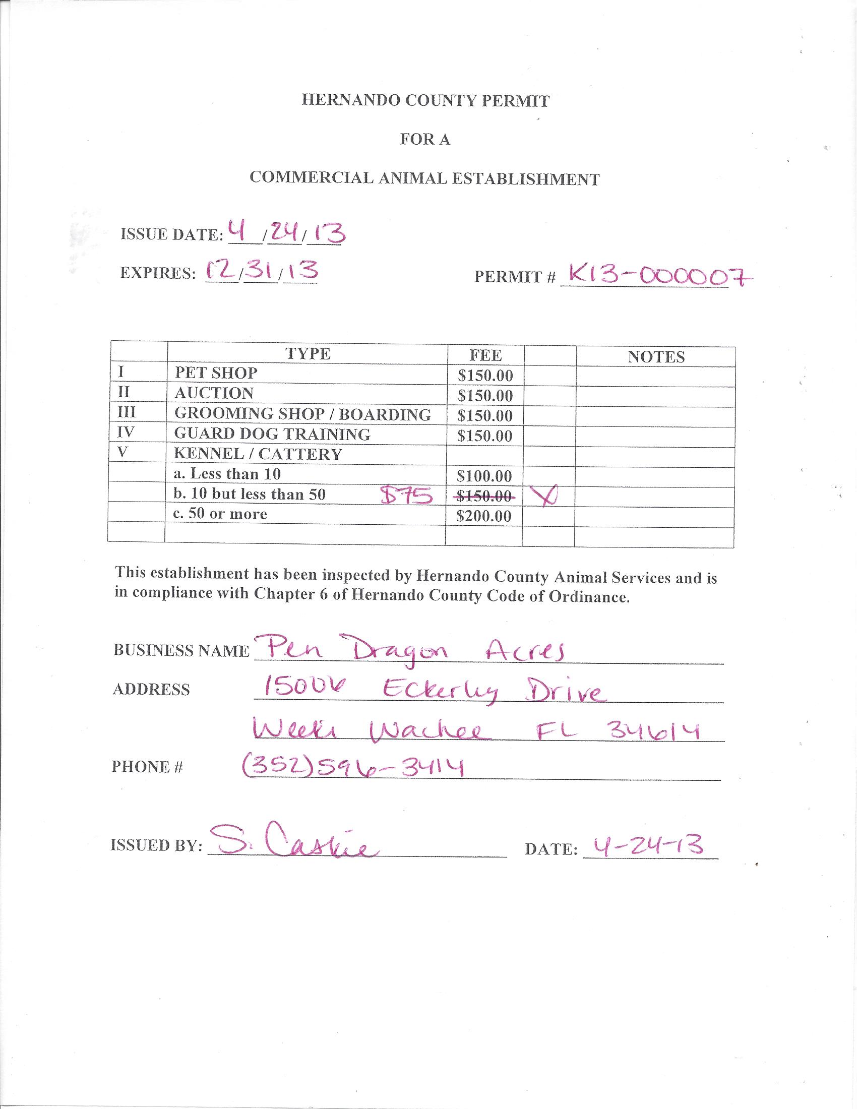 County Inspection 1 Pendragon Acres U.S. K9, Inc.