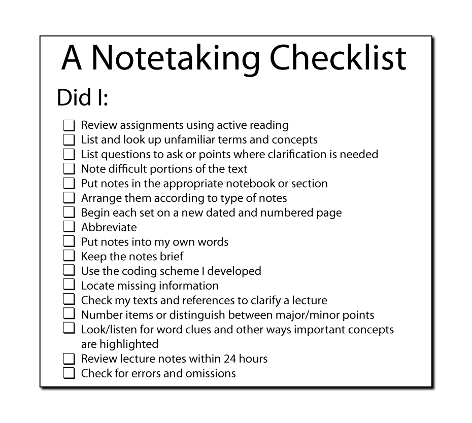A NoteTaking Checklist