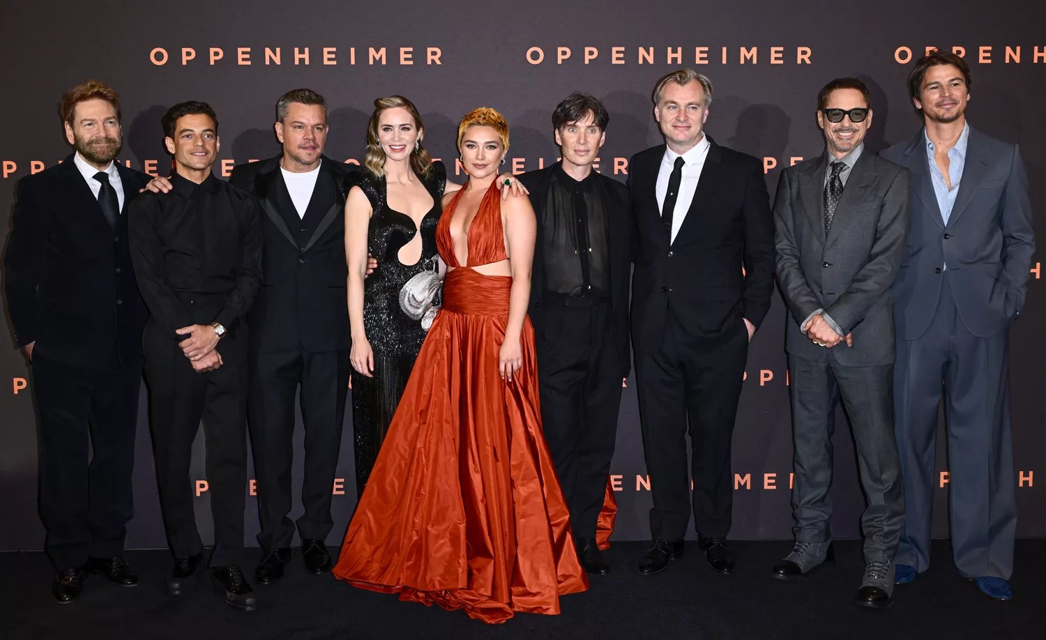 L-R) Kenneth Branagh, Rami Malek, Matt Damon, Emily Blunt, Florence Pugh, Cillian Murphy, Christopher Nolan, Robert Downey Jr. and Josh Hartnett attend the &ldquo;Oppenheimer&rdquo; UK Premiere at Odeon Luxe Leicester Square