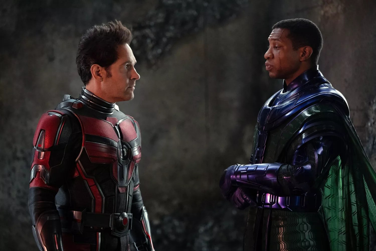 ANT-MAN AND THE WASP: QUANTUMANIA, (aka ANT-MAN 3), from left: Paul Rudd as Ant-Man, Jonathan Majors as Kang the Conqueror, 2023