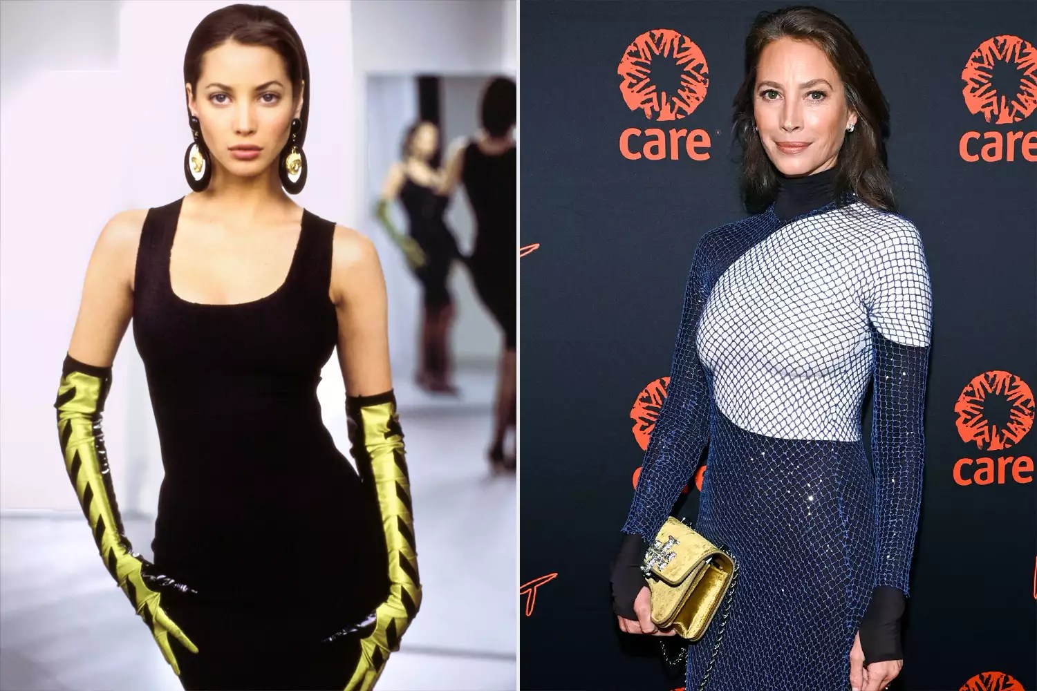 Book cover use of this asset requires approval. Please contact your Account Representative. Mandatory Credit: Photo by Arthur Elgort/Condé Nast/Shutterstock (11816638g) Model Christy Turlington in a studio, wearing a sleeveless black stretch cotton dress, with elbow-length yellow and black striped vinyl gloves, by Jean Paul Gaultier. Large gold and black earrings by Isabel Canovas. Christy Turlington Vogue March 01, 1987 Fashion Feature, USA; NEW YORK, NEW YORK - NOVEMBER 09: Christy Turlington Burns attends the 5th Annual CARE Impact Awards at The Ziegfeld Ballroom on November 09, 2022 in New York City. (Photo by Dave Kotinsky/Getty Images for CARE)
