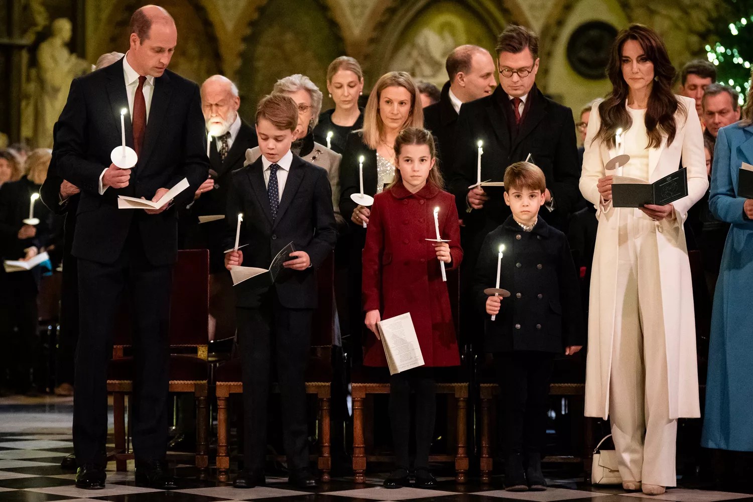 Prince William, Prince of Wales, Prince George, Princess Charlotte, Prince Louis and Catherine, Princess of Wales during the Royal Carols - Together At Christmas service at Westminster Abbey on December 8, 2023 in London, England.