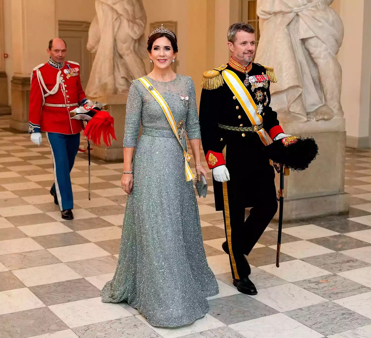 The Crown Prince Couple, Crown Princess Mary of Denmark and Crown Prince Frederik of Denmark arrive for a State Banquet at Christiansborg Castle in Copenhagen on November 6, 2023, on the occasion of a visit of Spain&rsquo;s royal couple to Denmark.