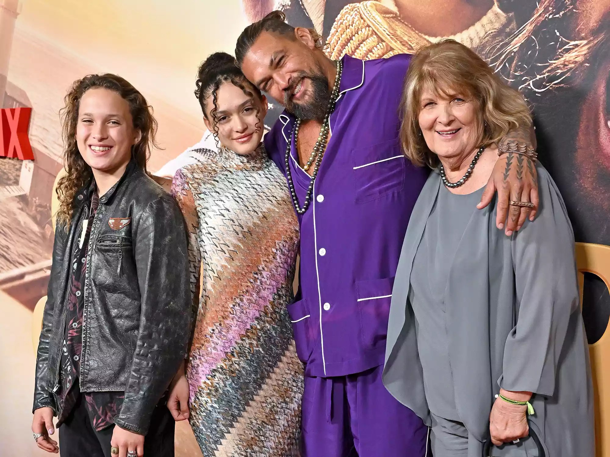 Nakoa-Wolf Manakauapo Namakaeha Momoa, Lola Iolani Momoa, Jason Momoa, and Coni Momoa attend the Los Angeles Premiere of Netflix&rsquo;s &ldquo;Slumberland&rdquo; on November 09, 2022.