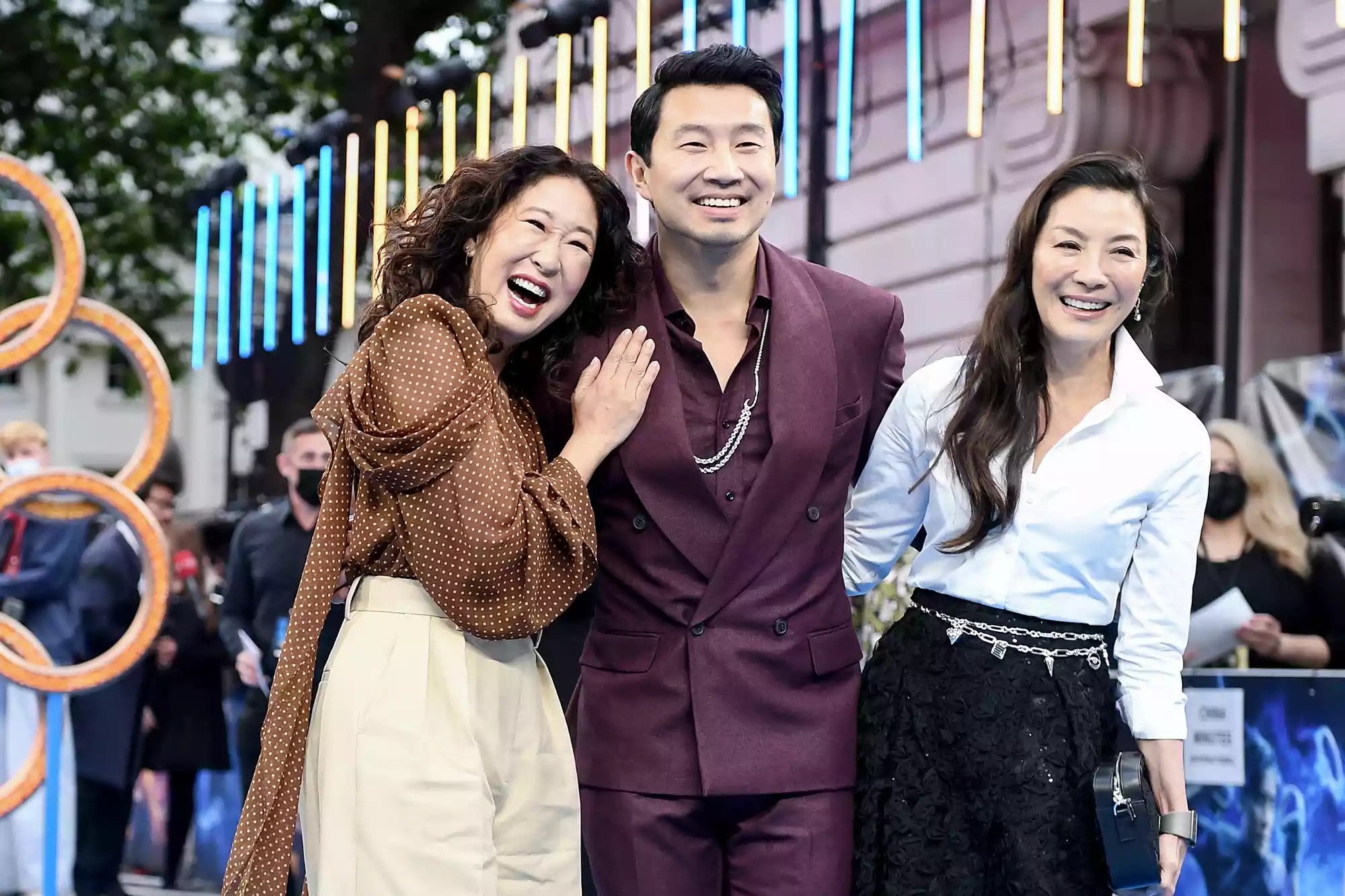 Sandra Oh, Simu Liu and Michelle Yeoh attend the &ldquo;Shang-Chi and the Legend of the Ten Rings&rdquo; UK Gala Screening at Curzon Cinema Mayfair on August 26, 2021 in London, England.