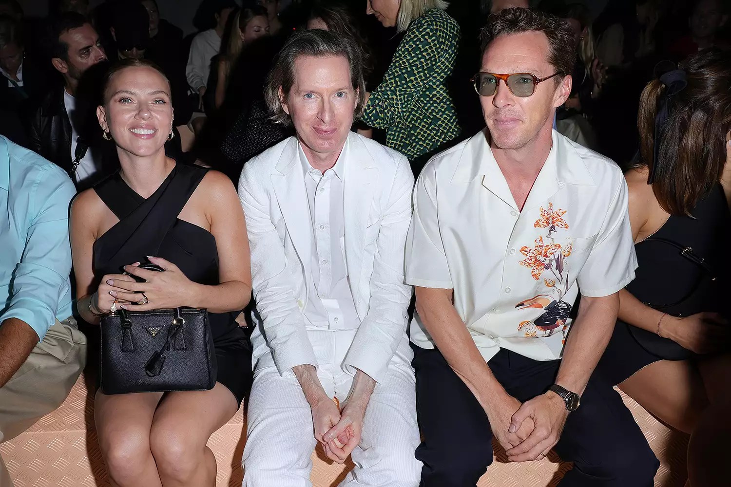 Scarlett Johansson, Wes Anderson and Benedict Cumberbatch attend the Prada Spring/Summer 2024 Womenswear Fashion Show on September 21, 2023 in Milan, Italy.