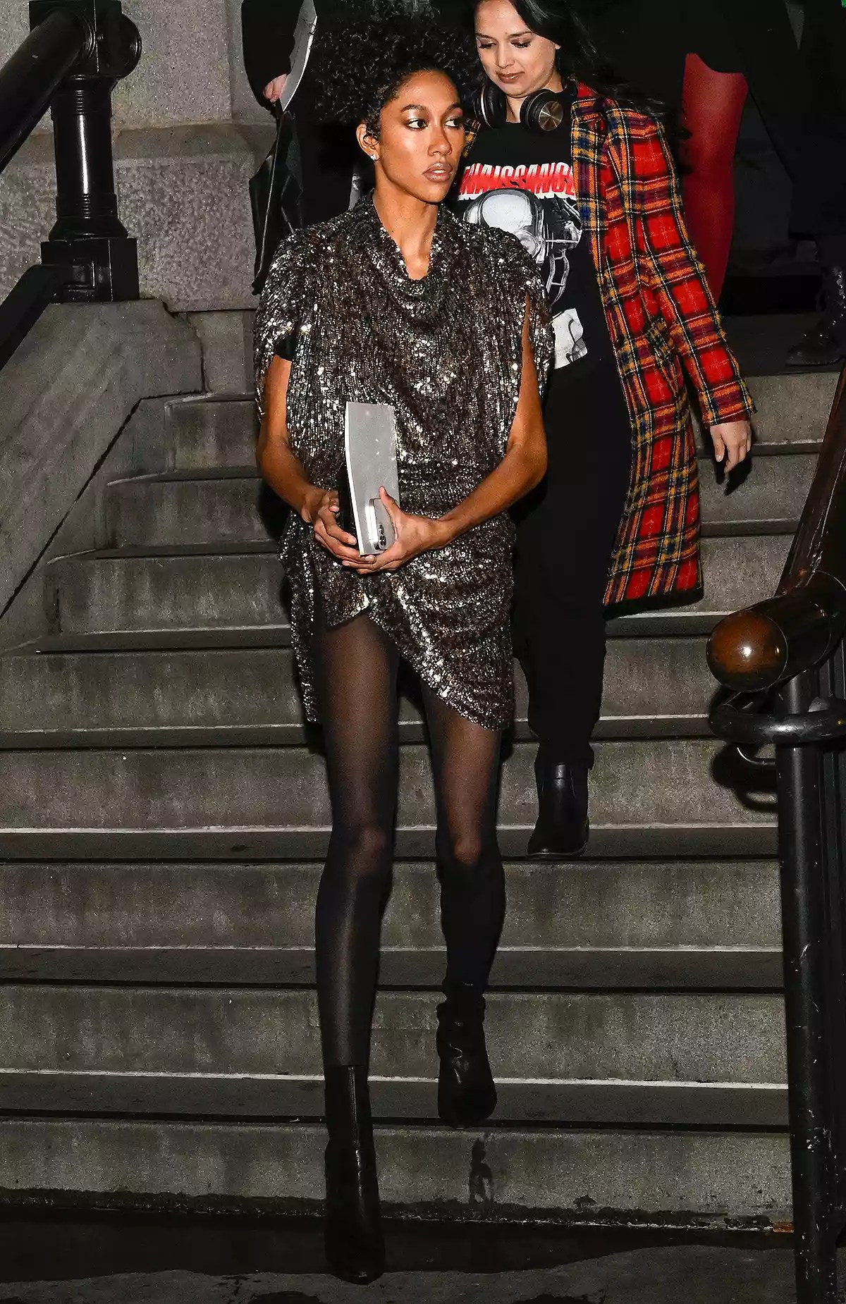 Aoki Lee Simmons is seen wearing a gold sparkle Marc Jacobs dress outside the Marc Jacobs show.