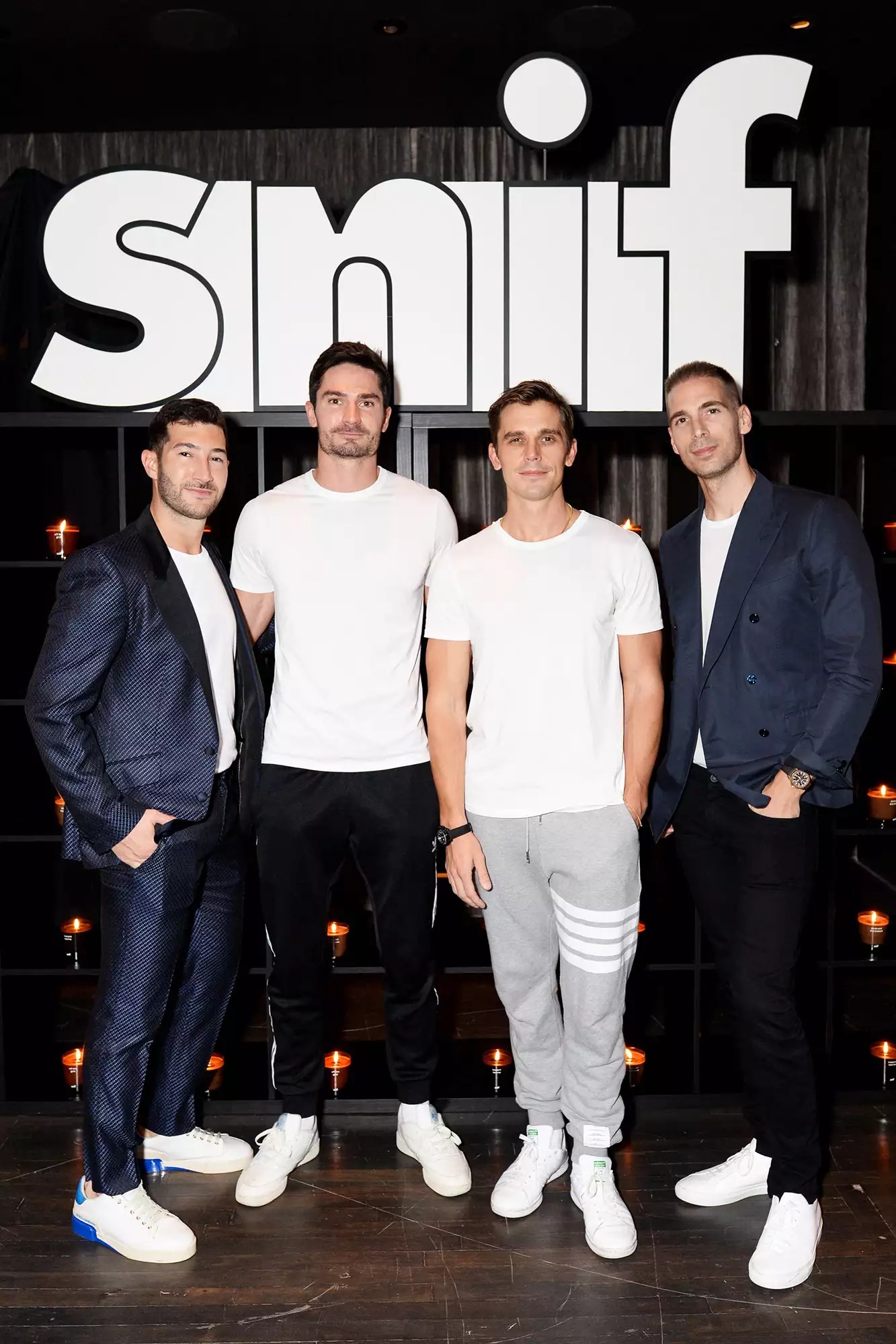 Antoni Porowski and his boyfriend Kevin Harrington with Simon Huck and his soon-to-be husband Phil Riportella at the Snif candle launch at Zero Bond in NYC