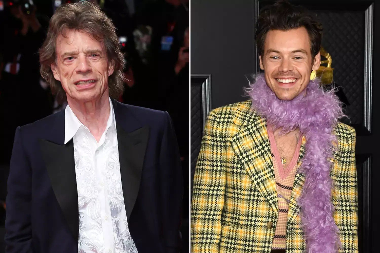 VENICE, ITALY - SEPTEMBER 07: Mick Jagger walks the red carpet ahead of the &ldquo;The Burnt Orange Heresy&rdquo; during the 76th Venice Film Festival at Sala Grande on September 07, 2019 in Venice, Italy. (Photo by Ernesto Ruscio/Getty Images); LOS ANGELES, CALIFORNIA - MARCH 14: Harry Styles attends the 63rd Annual GRAMMY Awards at Los Angeles Convention Center on March 14, 2021 in Los Angeles, California. (Photo by Kevin Mazur/Getty Images for The Recording Academy )