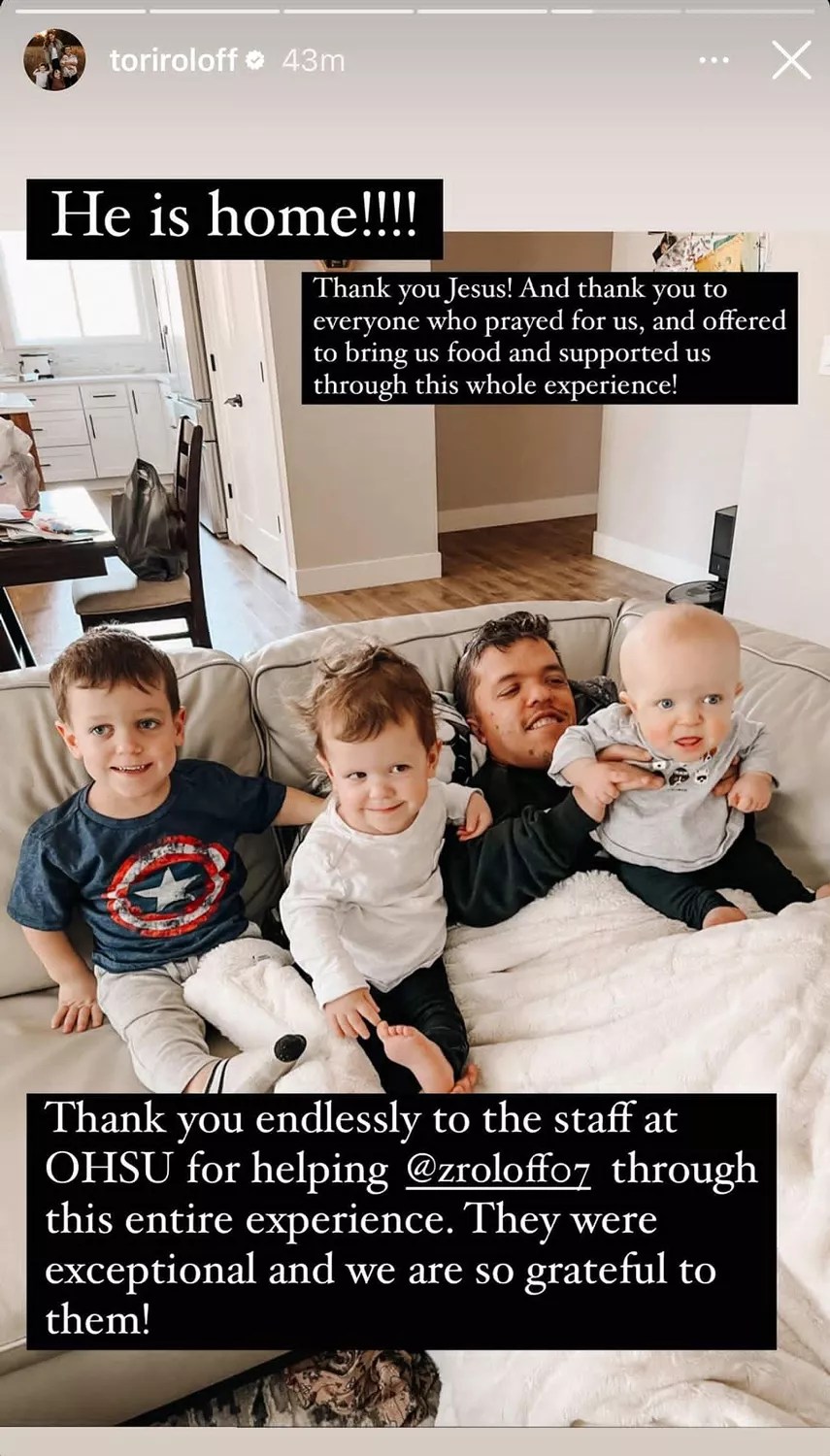 Tori Roloff Shares Photos as Zach Reunites with Their Three Kids After His Hospital Stay