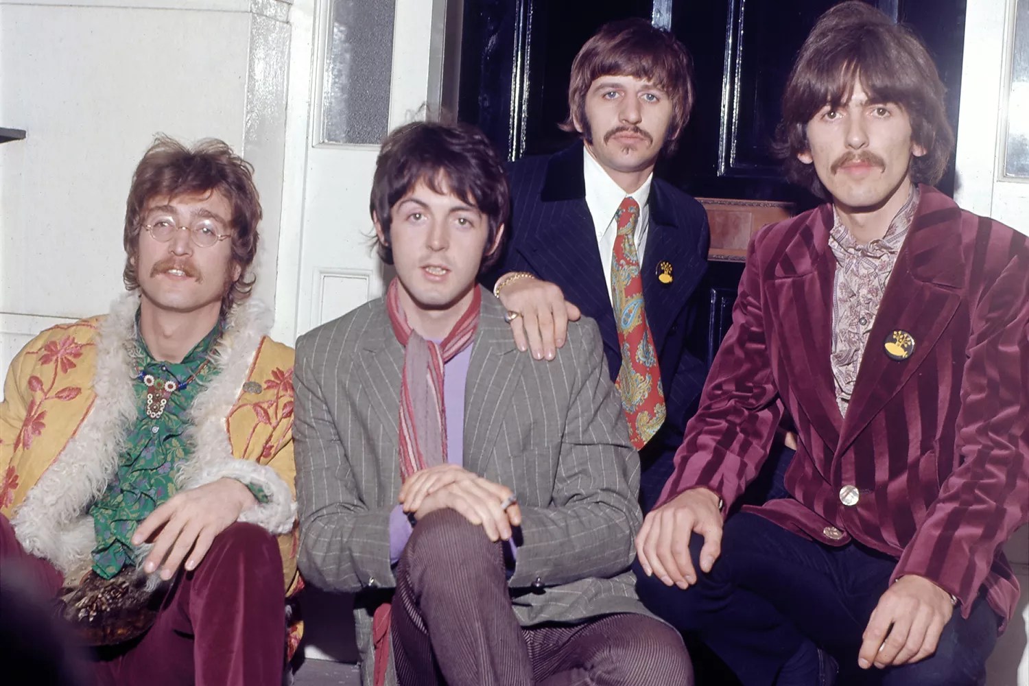 John Lennon (1940-1980), English singer, songwriter and bassist Paul McCartney, English musician, singer and drummer Ringo Starr and English musician, singer, songwriter and guitarist George Harrison (1943-2001) of the Beatles attend a press party at the home of manager Brian Epstein supporting the release of Sgt. Pepper&rsquo;s Lonely Hearts Club Band, May 19, 1967