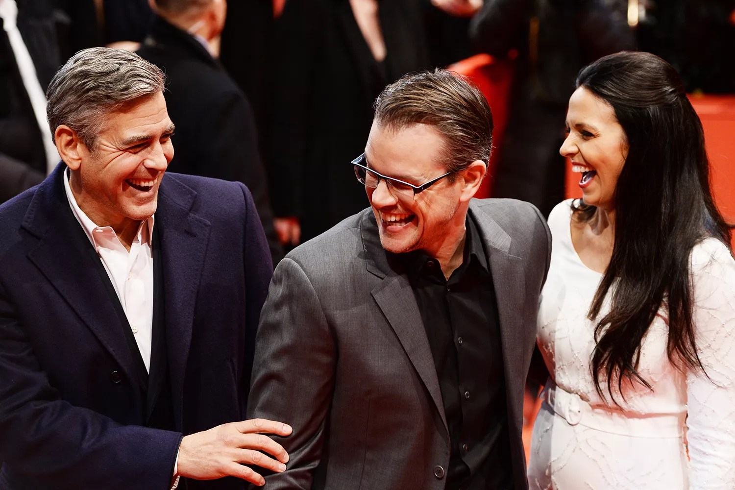 George Clooney, Matt Damon and Luciana Damon attend &lsquo;The Monuments Men&rsquo; premiere during 64th Berlinale International Film Festival at Berlinale Palast on February 8, 2014 in Berlin, Germany.