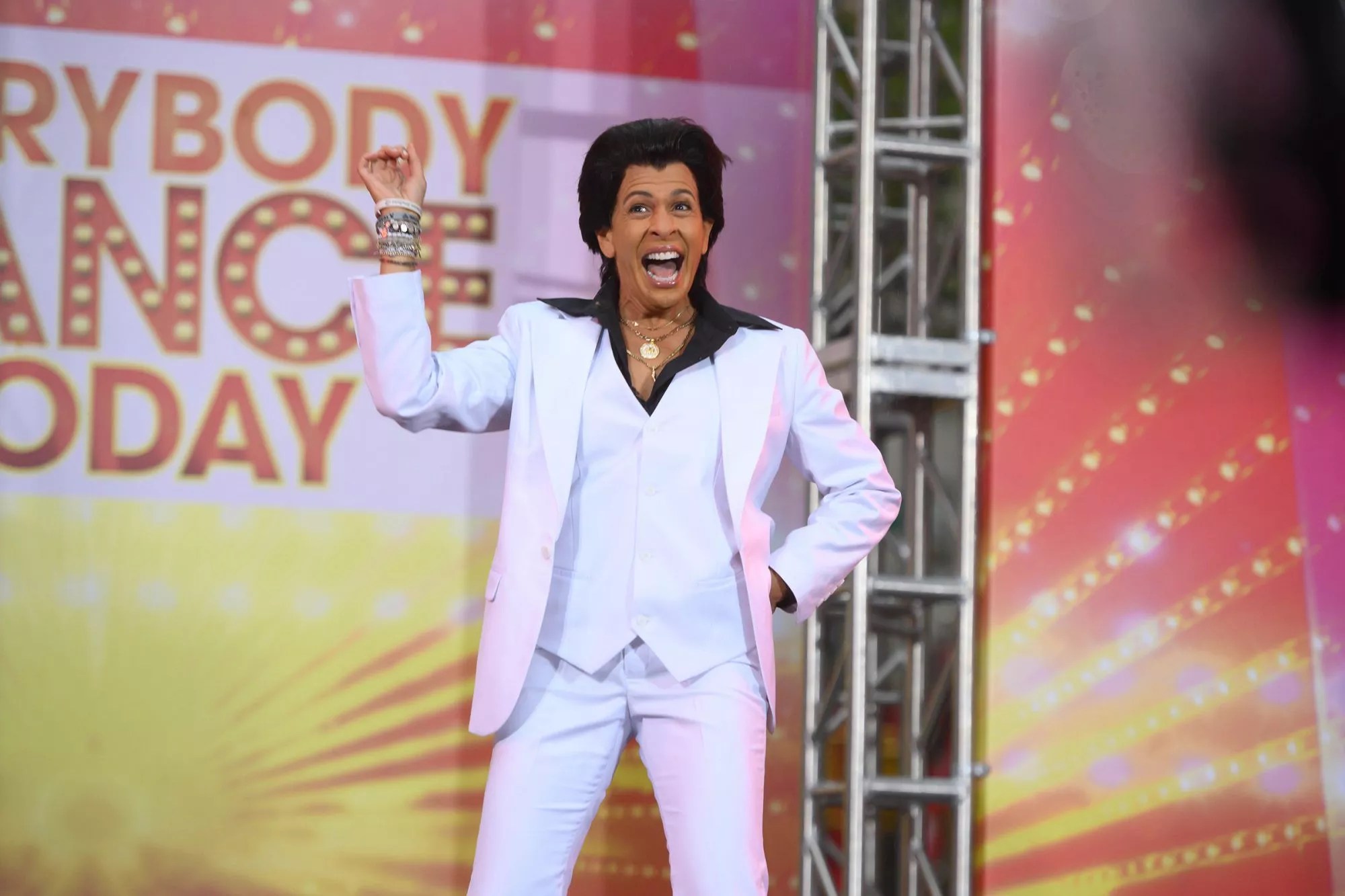 The TODAY gang goes all out for its Halloween 2019 theme, Everybody Dance TODAY, dressing up as the most famous dancers from TV and movies. See Craig Melvin and Al Roker as the Fresh Prince of Bel-Air and Carlton; and Peter Alexander as Kevin Bacon in “Footloose”; Dylan Dreyer mimicking Elaine’s memorably awkward moves from “Seinfeld”; Willie Geist and Jenna Bush Hager doing some “Dirty Dancing”; Sheinelle Jones as Janet Jackson in her “Rhythm Nation” phase; Hoda Kotb as Danny in “Saturday Night Live,” and Savannah Guthrie and Carson Daly as Sandy and Denny from “Grease”!