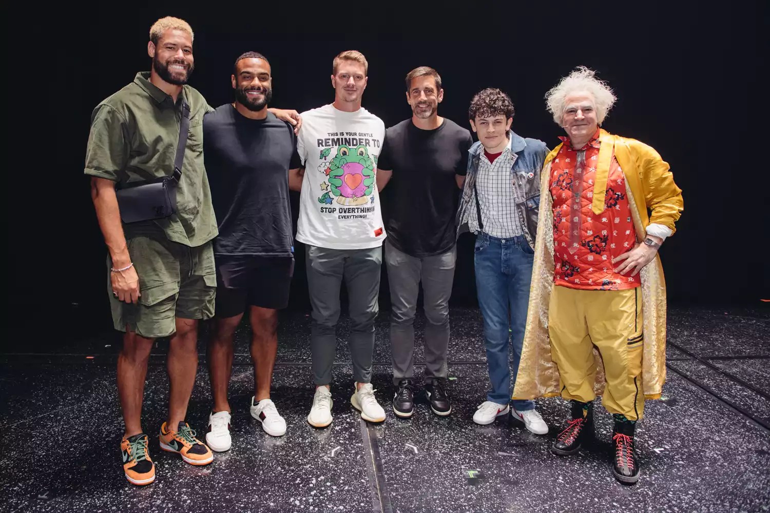 Aaron Rodgers, and his teammates CJ Uzomah, Solomon Thomas, and Tim Boyle visited BACK TO THE FUTURE: The Musical on Broadway last night.