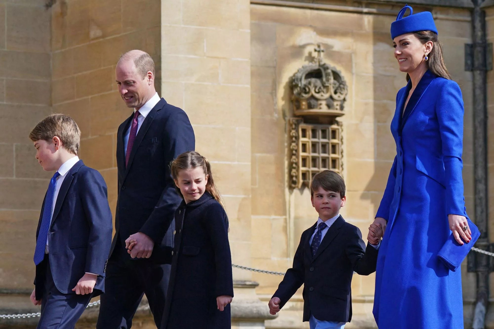 Britain&rsquo;s Prince William, Prince of Wales (2L), Britain&rsquo;s Prince George of Wales (L), Britain&rsquo;s Catherine, Princess of Wales (R), Britain&rsquo;s Princess Charlotte of Wales (C) and Britain&rsquo;s Prince Louis of Wales arrive for the Easter Mattins Service at St. George&rsquo;s Chapel, Windsor Castle on April 9, 2023. (Photo by Yui Mok / POOL / AFP) (Photo by YUI MOK/POOL/AFP via Getty Images)